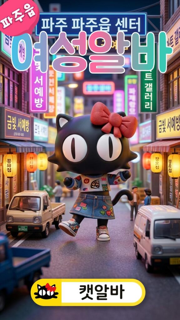 경기 파주시 파주읍 중심 상권 거짓 없는 정직한 대우를 약속하는 프리미엄 매장 미니어처 배경 무대에서 파격적이고 여성스러운 힙 캐주얼 치마를 입고 춤추는 캣알바 캐릭터
